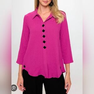 Women's Pink Button-Up Top ET.LOIS‎ Women’s Magenta Pleated Blouse Size 2X